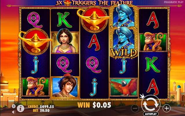 Zu sehen ist der Genie Wishes Slot mit 5 Walzen und 4 Reihen mit dem Wild Symbol und weiteren Symbolen. 